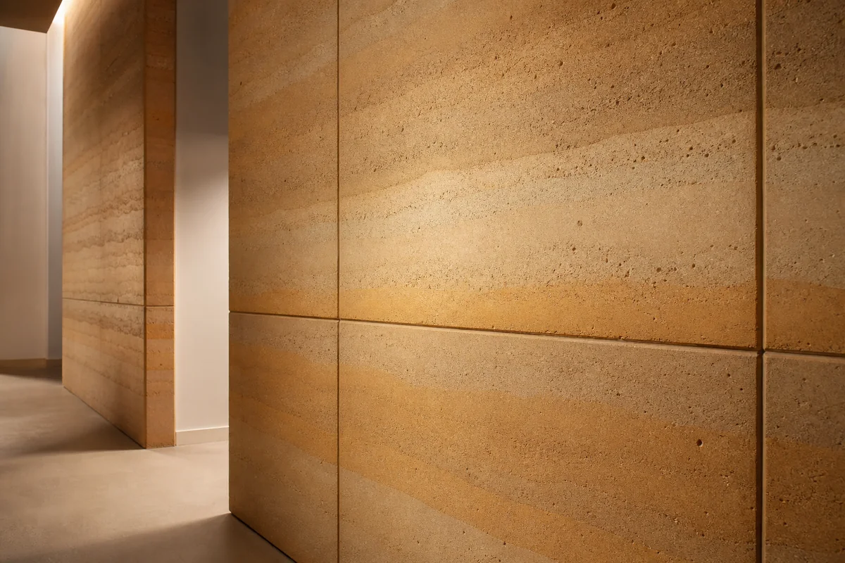 Warm layered rammed-earth-inspired wall panels