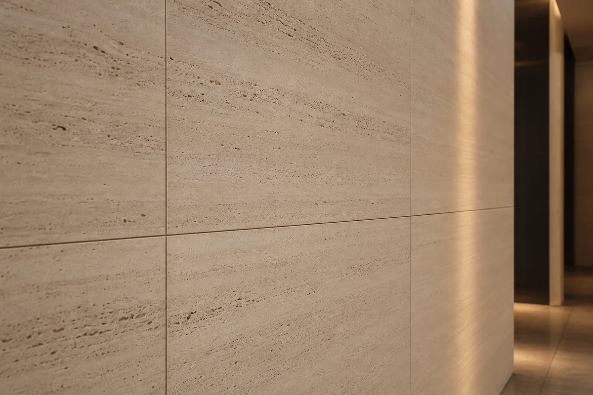 Ivory travertine-inspired wall panel surface