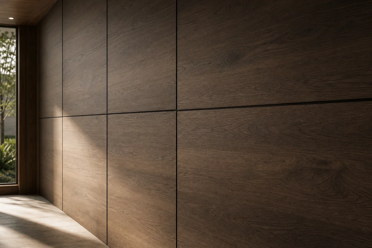 Smoked oak wood-grain wall panel installation